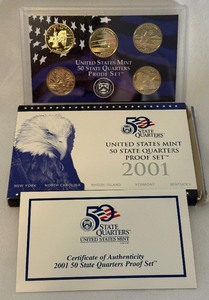 2001 State Quarters Proof Set (NY, NC, RI, VT, KY) - original package with COA