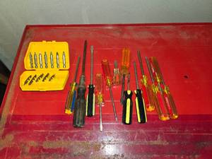 Assorted Screw Drivers and Dewalt Bits