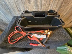 Plastic Organizer or Cleaning Caddy and Pair of Jumper Cables