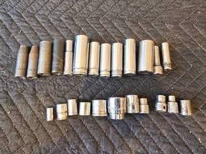 Assorted Deep and Shallow Sockets, Standard and Metric, Various Sizes, Mostly Snap-on, Some Mac and Craftsman