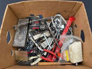 Box of Assorted Hand Tools & Hardware - Pliers, Drill Bits, Files, Wrenches