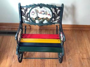 Ornate Cast-Iron Garden Chair - Rainbow Wood Slats (Red, Yellow, Navy, Green) With Duck Motif
