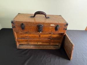 Antique Wooden Tool Box with Leather Handle and Multi-Drawer Cabinet