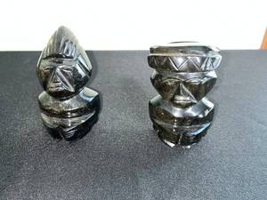 VTG Black Soapstone Tiki Warrior Figures - Pair, Carved Stone Polynesian Decor