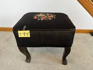 Floral Needlepoint Ottoman - Black Upholstery, 14 in W x 18 in D x 15 in H
