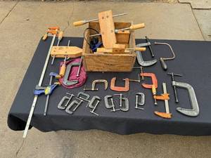 Assorted Woodworking Clamps - C-Clamps, Bar Clamps & Quick-Grips in Wooden Box