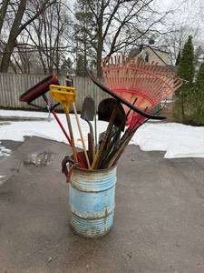Tool for Ripping Off Roof Shingles & Assorted Garden Tools in Blue Metal Bucket - Rakes, Shovels & More
