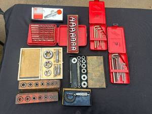 Vintage Metalworking Tap & Die Set with Drill Bits, Hex Keys & Calipers in Red Cases