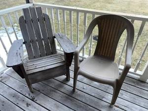 Weathered Adirondack Wood Chair & Beige Plastic Woven-Back Chair - Outdoor Patio Pair