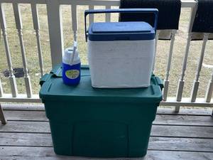 Coleman Cooler with Blue Lid, Water Jug & Green Storage Tote