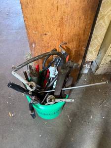 Assorted Hand Tools in Green Bucket - Clamps, Pliers, Saws & More