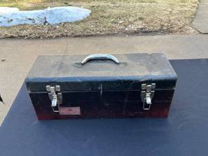 Vintage Metal Toolbox with Red Interior and Top Handle
