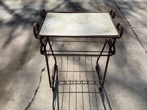 Vintage Iron Kitchen Cart - Two-Tier Metal Rack with Scroll Accents, Rust Patina