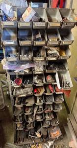 Assorted Hardware Fasteners - Screws, Nuts, Bolts & Washers in Metal Bin Rack