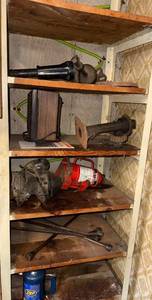 Vintage Workshop Tools & Hardware on Shelf - Grinding Wheel, Fire Extinguisher, ZEP Cleaner