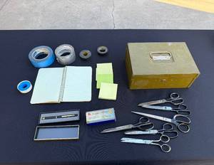 Pen in Box & Scissors, Notebook, Tape, Sticky Notes, Olive Metal Box - Vintage Office Lot