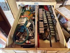 Socket Set with Hand Tools in Wood Tool Drawer - Automotive Shop Hardware - contents only does not inc filing cabinet