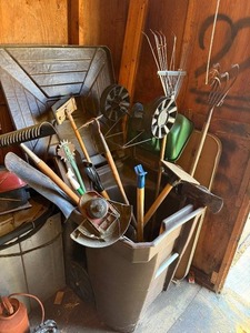 Garden Tools Assortment in Bin - Rakes, Shovels, Hoes & Hand Tools
