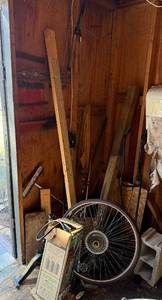 Vintage 26-In Bicycle Wheel with Steel Rim and Hub & Misc Garage Items - white bike frame in shed not pictured