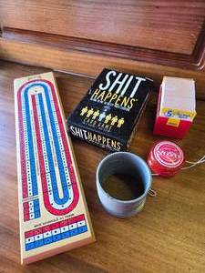 Vintage Slinky, YoYo, Cribbage board with Pegs, 2 Other Card Games