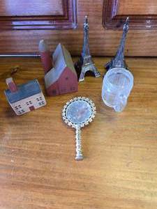 Tiny Hand Mirror, 2 Wood Houses, Eiffel Tower x2, Glass Shot Mug