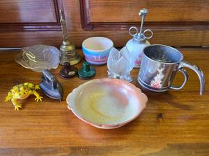 Glass Leaf Bowl, Brass Bell, Candy Dish, Tiny Iron w Stand