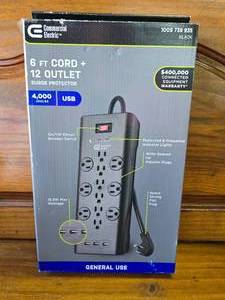 Commercial Electric 6 Cord 12 Outlet Surge Protector, NEW