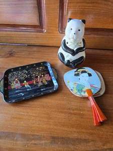 Panda Candle Holder, 3 Small Chinese Trays, 3 Chinese Fans