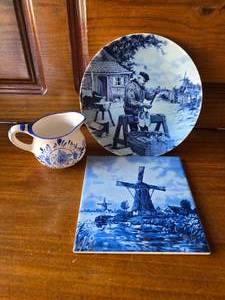 Dutch Blue Creamer, Plate and Trivet