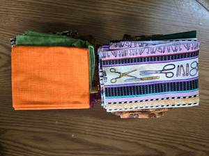 Quilting Suares, Two Stacks, Scissors and Orange on Top