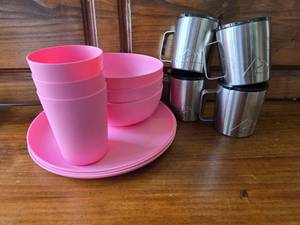 3 Pink Bowls, Plates, Cups & 4 Coffee Mugs with Covers