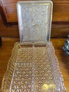 Vintage Glass Relish Dish with Decorative Hammered Aluminum Lid