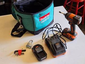 Ridgid 18V Cordless Impact Driver with Battery, Charger, and Makita Tool Bag