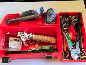Toolbox with Assorted Tools and Accessories including a Flashlight, Sockets, and Rope