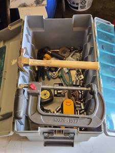 Lot of Hand Tools and Hardware including C-Clamp, Hammer, and Sockets, Wire Strippers, Stud Sensor
