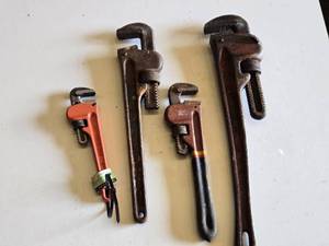 Set of Pipe Wrenches including Ridgid, Pittsburgh 8, Vintage Heavy Duty 10 and 14 Pipe Wrenches
