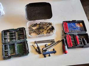 Lot of Tool Sets Including Ryobi and Masterforce Drill Bit Sets, Driver Bits, and Accessories - Missing Random Pieces