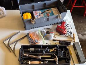 Tool Shop Soldering Gun and Assorted Tools, wire spool, various hand tools, a bathroom suction handle, and a toolbox
