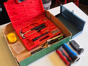 Assorted Hand Tools and Flashlights including Claw Hammer, Utility Knife, and Bit Driver Set