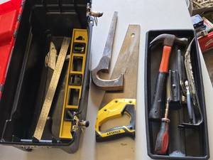Toolbox with Assorted Hand Tools including Hammer, Saws, Screwdriver, and Level