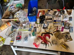 Huge Lot of Assorted Hardware and Tools including Screws, Clamps, Hooks, and Casters