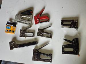Lot of Heavy-Duty Staple Guns Including PowerShot and Bostitch Models, Assorted Staplers - Hammer Stapler Missing Slide and One of the others is as well