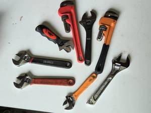Lot of Adjustable Wrenches and Pipe Wrenches