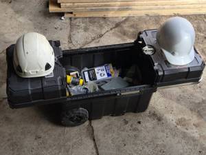 Hart Rolling Tool Box with Tools and Accessories including Nylon Locknut Assortment, Drill Bits, and Safety Helmets