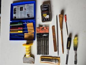 Lot of Hand Tools Including Chisels, Knife Sharpening Kit, and Files
