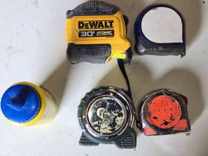 DeWalt 30 Atomic Tape Measure, Assorted Tape Measures, and Strait-Line Marking Chalk