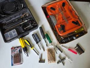 Lot of Hand Tools and Accessories including Black & Decker Drill Bit Set, Screwdrivers, and Serrated Bit Set