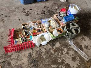 Huge Lot of Hardware and Tools such as socket trays, furniture leg braces, nails, picture hanging sets, and assorted hardware pieces