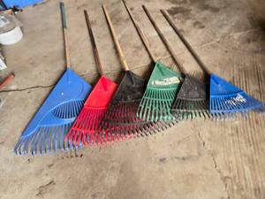 Lot of Plastic Leaf Rakes Including Blue, Red, Green, and Black Variants