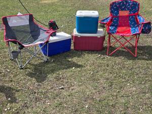 Ozark Trail and Popsicle Camping Chairs with Coleman Coolers and Drink Dispenser